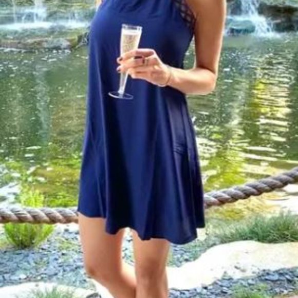 LULUS Navy Blue Lace Halter Dress-Medium - Picture 4 of 6